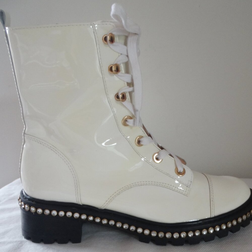 Schutz “Andorra” White Patent Leather Laced Up Combat Boots W/ Rhinestones US 9B - Picture 6 of 12